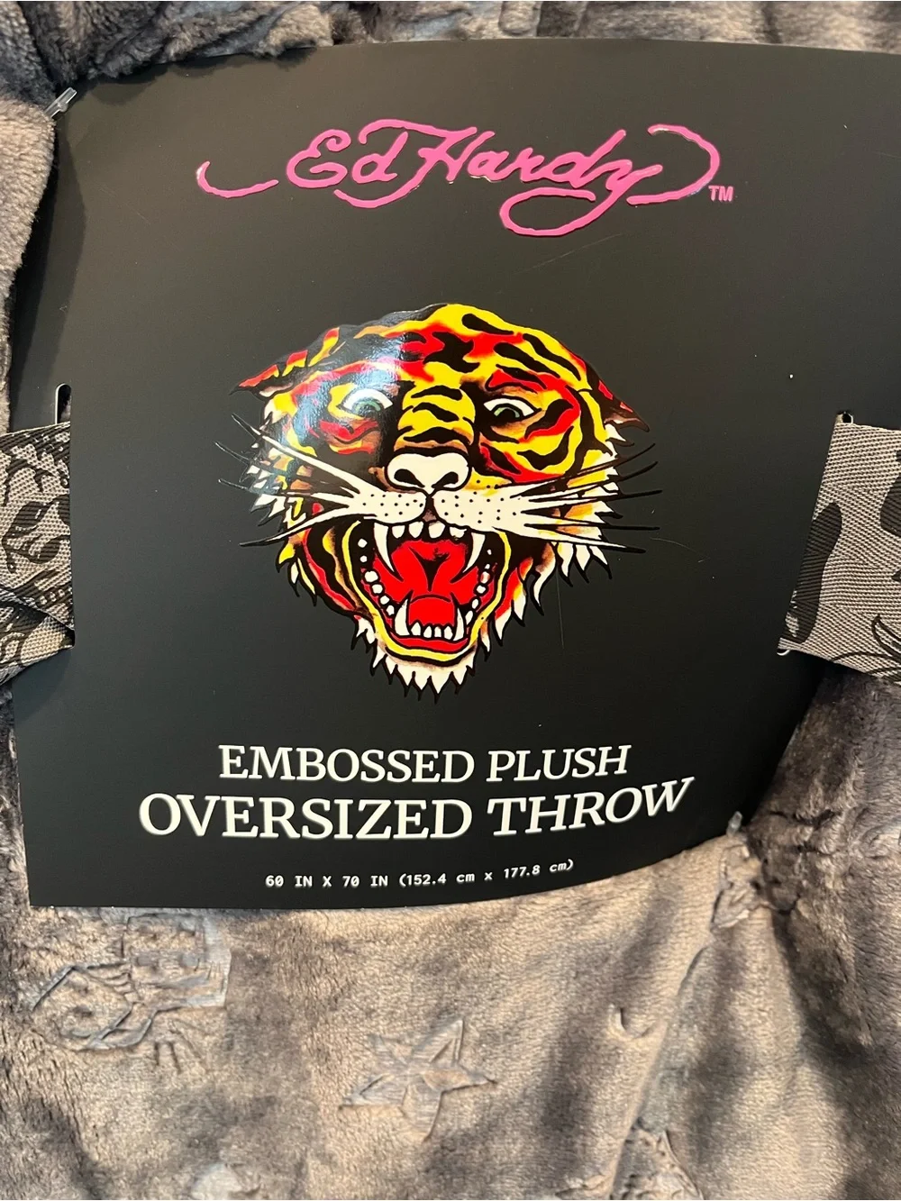 Ed Hardy Embossed Plush Oversized Throw Blanket- Gray